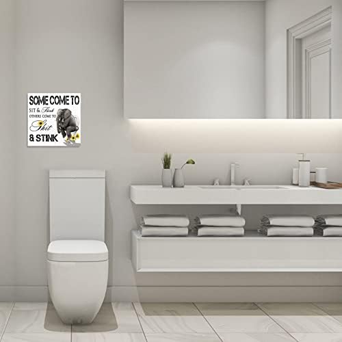 אמנות קיר בד אמבטיה מצחיקה: פיל לבן שחור עם קישוט טואלט של חמניות הדפס - פוסטר ממוסגר של חיה ממוסגרת