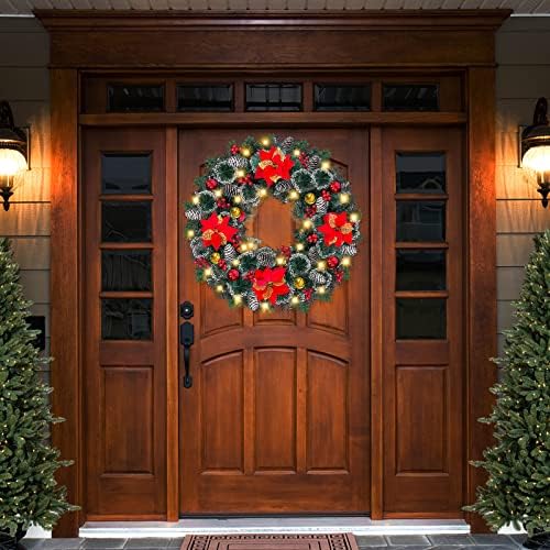 30 אינץ 'גדול סופר גדול מושלג זר חג מולד לחג המולד לטיימר דלת הכניסה 80 אורות חמים מסגרת כפולה 4 Poinsettia
