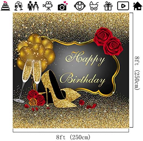 8x8ft יום הולדת שמח רקע נצנצים זהב אדום ורד פרחוני בלוני זהב עקבים קישוטי מסיבת זכוכית שמפניה
