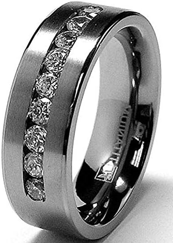 טבעת נישואין טיטניום לגברים 8 ממ עם 9 ערוצים גדולים סט זירקוניה מעוקב גדלים 6 עד 15