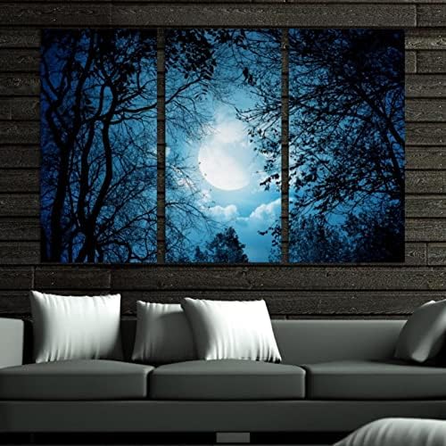 אמנות קיר לסלון, ציור שמן על בד יצירות אמנות גדולות של אור ירח ממוסגרות לעיצוב חדר שינה ביתי 24 x48