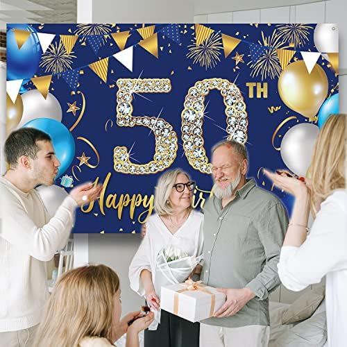 קישוטים ליום הולדת 50 תפאורה לגברים, קישוטים יום הולדת 50 מאושרים גברים, רקע צילום יום הולדת כחול, סימן יום הולדת