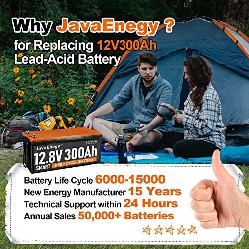 Javaenegy Smart 12v 300ah Lifepo4 סוללה - 4000+ מחזורים עמוקים בכיתה רכב נטענת סוללת ליתיום