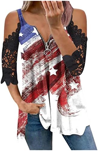 דגל אמריקאי לנשים כוכב תחרה מפוספשת תחרה קרה חולצות טריקו 4 ביולי יום העצמאות חולצות גרפיות רופפות