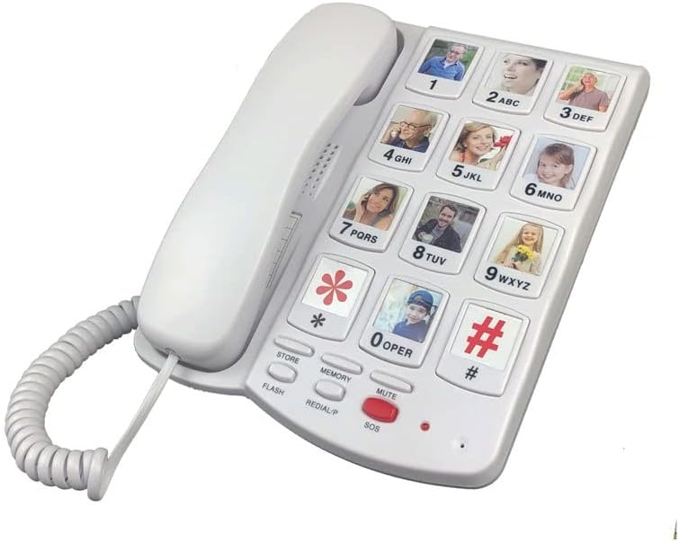 MXiaoxia טלפון כבל כפתור גדול לקשישים, טלפון קווי כפתור גדול לקשישים, עם מפתח זיכרון תמונה להחלפה, מגבר