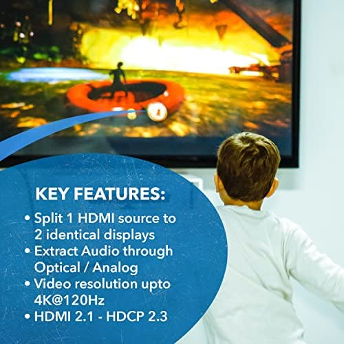 OREI 8K HDMI SPLITTER 1 X 2, שכפול עם חילוץ שמע UltraHD תומך עד 4K @ 120Hz IR EDID HDCP 2.3 -