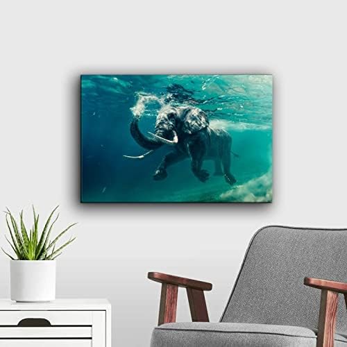 שמחה שחייה פיל פיל מתחת למים, אפריקה פיל פיל מדהים הדפס בד תמונה, צילום אוקיינוס ​​עיצוב קיר, חיות בר