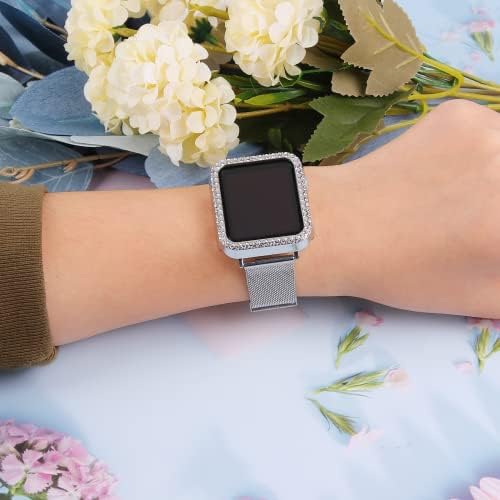 Sanxiuly תואם ל- Apple Watch 8/7 פס 45 ממ 41 ממ עם מארז Bling, להקות רשת נירוסטה IWatch להקות Apple Watch של