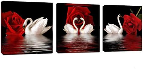 אמוי אמנות-3 פנלים יפה רומנטי ברבורי אמנות הדפסה על בד אדום עלה פרחי קיר אמנות דקור נמתח מסגרות עבור