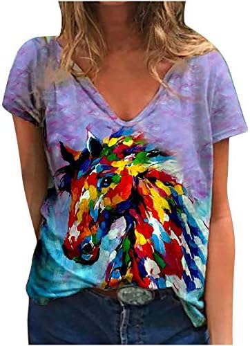 נשים של עניבה צבע חולצה נוער בנות קיץ חלום מסתורי סוס הדפסת טויני למעלה או צוואר התגלגל שרוול רופף חולצה