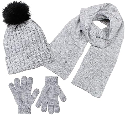 סט כובע,צעיף וכפפות לבנים-אביזרי חורף למזג אוויר קר לילדים-סט כפה לילדים 3 יחידות-סטים של צעיפי כובע לבנים