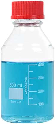 PASTEIN 4 PIECES 500 מל מדובר בגרם עגול עגול בקבוקי מעבדה לאחסון מדיה עם מכסה בורג אדום של GL45 PBT, 3.3 בורוסיליקט