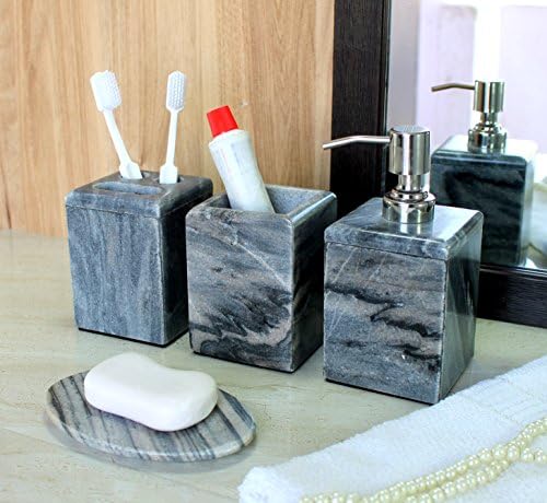 KLEO - סט אביזרי אמבטיה העשוי מאבן טבעית - אביזרי אמבטיה של 4 כולל מתקן סבון, מחזיק מברשת שיניים, כוס