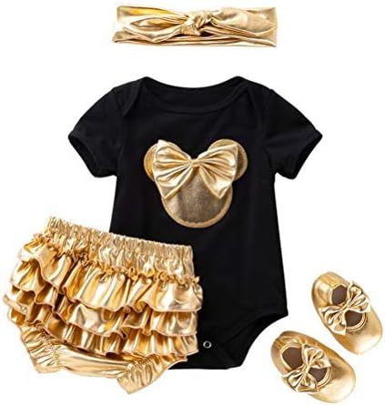 בנות תינוקות אמברטק 4 יחידות מיני מכנסי זהב עכבר מוטת כותנה רומפר+פורחים+נעליים+תלבושת סרט