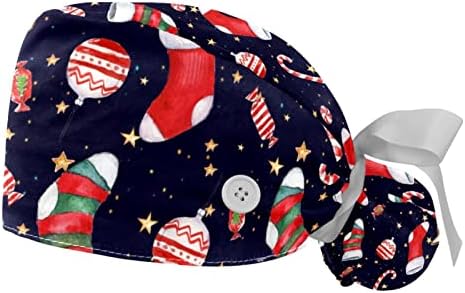 כובעים רפואיים לנשים עם כפתורים שיער ארוך, כובע עבודה מתכוונן 2 חלקים, סריגה של חג מולד אדום חמוד
