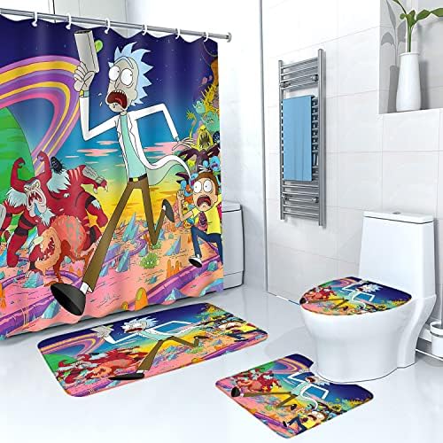 SZZHNC 4 חלקים מערכות וילון מקלחת מצחיקות עם 12 ווים לתפאורה של אמבטיה צבעונית טריים, שטיחים שאינם החלקה ושטיח