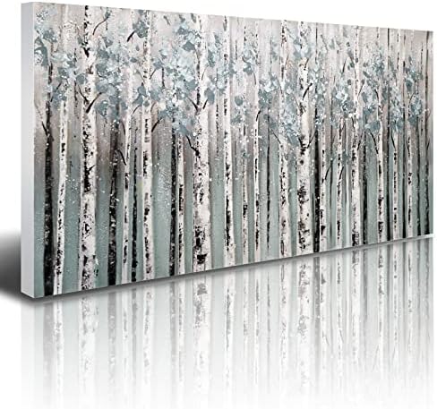 אמנות קיר עץ ליבנה גדולה צבוע ביד מופשט יער נוף שמן שמן על מרקם בד 24x48 ”, צילום לבן עצי אספן