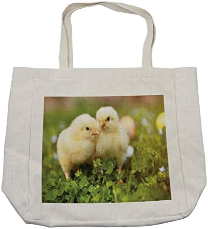 תיק קניות של אמבסון אפרוחים, תמונה של תרנגולות קטנות על תלתן עם רקע מטושטש ביצי פסחא, תיק לשימוש