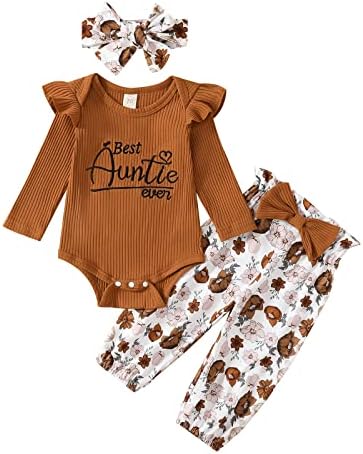 תינוקת סתיו בגדי חורף דודה הטובה ביותר אי פעם מכתב רומפר מצולע+מכנס פרחוני קשת עם תלבושות 3 יחידות 3 יחידות