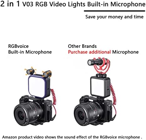 אורות וידאו של RGB, אור מצלמת LED עם מיקרופון סטריאו כפול + 2 אריזה סוג C עד 3.5 ממ מתאם שקע אוזניות
