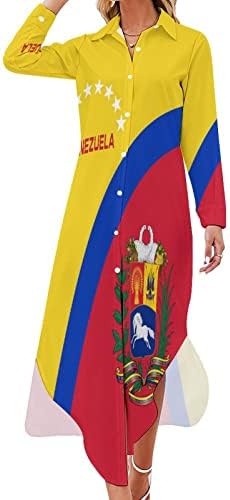ונצואלה דגל ארוך חולצה שמלה לנשים כפתור למטה הברך אורך נדנדה רופף חולצת טי ארוך שרוול חולצה למעלה