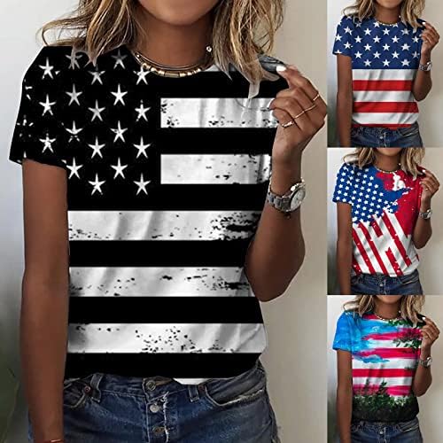 ג'ריצ'י 4 ביולי חולצות נשים, נשים קיץ דגל אמריקאי מקזב הדפס שרוול קצר שרוול טשירטים צוואר צוואר חולצות רופפות חולצות