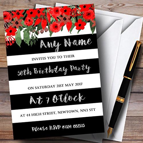 פרחוני אדום שחור לבן כסף לבן 50 הזמנות למסיבת יום הולדת בהתאמה אישית