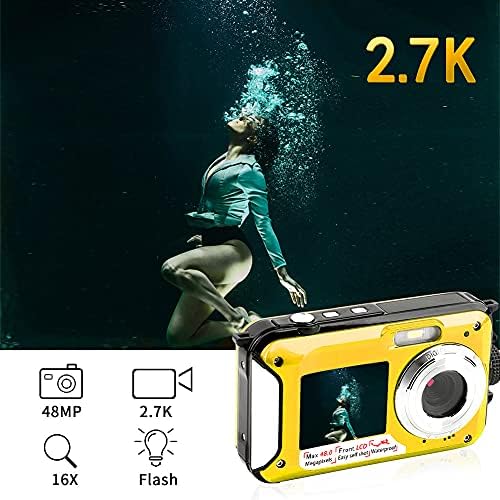 מצלמה של Kaisoon Tech מתחת למים 10ft HD מצלמה דיגיטלית אטומה למים 2.7K 48MP וידאו Selfie מסך כפול 16X מצלמה