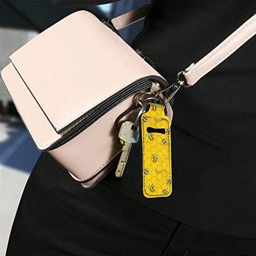 מחזיק צ ' אפסטיק הדפסת דבורה חמודה עם מחזיק מפתחות צהוב קל משקל תיק אביזרי איפור נסיעות 2 יחידות מחזיק שפתון מבריק