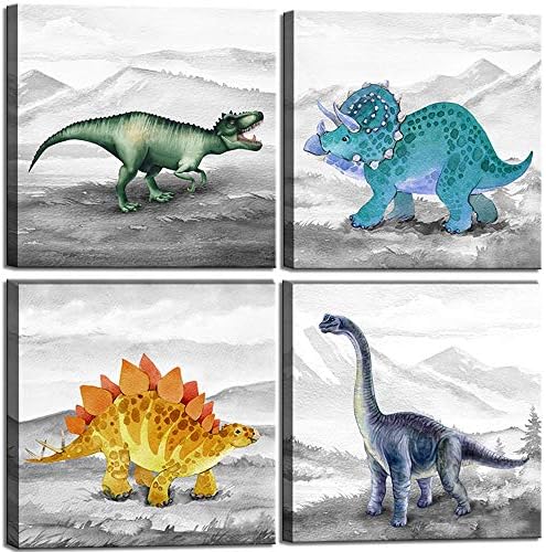 דינוזאור עיצוב חדר שינה הדפסים אמנות קיר רעיון מתנה לחדר ילדים וילדים חדר בד קיר אמנות ארט צבעי מים דינוזאור