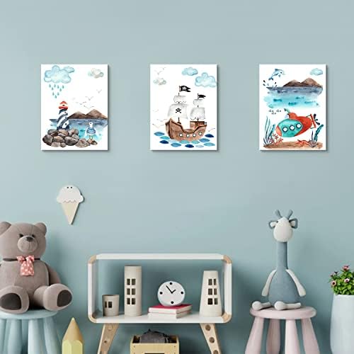 ספינת פיראטים אמנות קיר לילדים לעיצוב חדר קריקטורה מצוירת מגדלור אוקיינוס ​​תמונה בנים ציור חדר