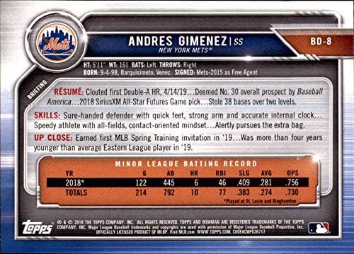 דראפט Bowman 2019 BD-8 Andres Gimenez RC Rookie New York Mets MLB כרטיס מסחר בייסבול