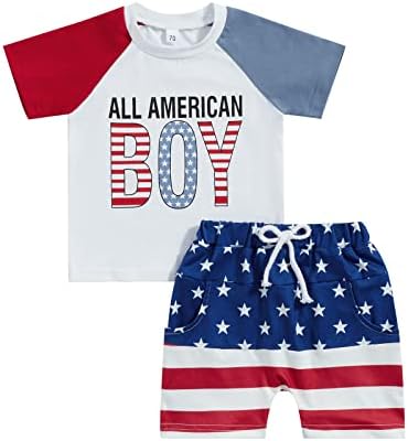 פנג'ין 4 ביולי תלבושת תינוק תלבושת מכתב הדפס טריקו דגל אמריקאי דגל אמריקאי מכנסיים קצרים מודפסים הגדר