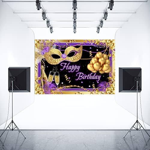 Aperturee זהב וסגול יום הולדת שמח תפאורה 7x5ft רוז זהוב בלונים פרחוניים שמפניה זכוכית מסכות צילום רקע רקע קישוטים