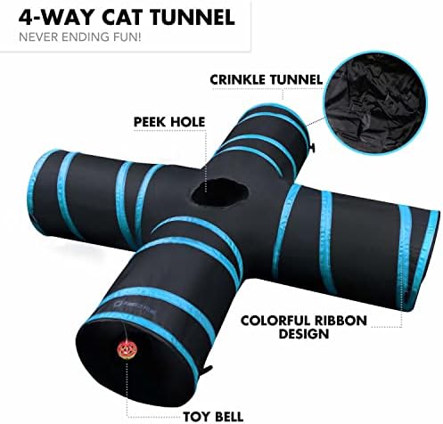 חתול חתה - מנהרת חתול 4 דרך וחתול קמטים - צעצוע חתול אינטראקטיבי עם כדור חתול - ציוד לחתולים לחתולים מקורה -