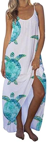 ספגטי רצועת שמלה לנשים בוהו חוף מקסי שמלות קיץ מקרית שרוולים צווארון עגול ימי הדפסת רופף שמלה