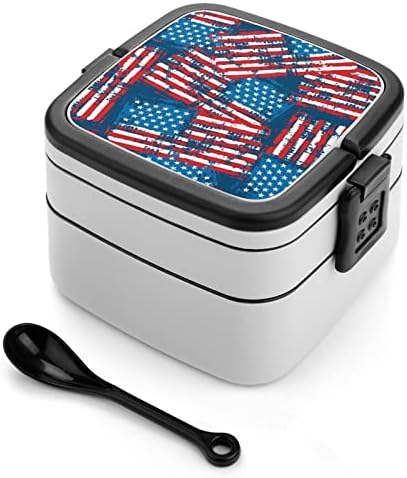 דגל אמריקה של גראנג 'דגל אמריקאי קופסת בנטו שכבה כפולה מיכל ארוחת צהריים הניתנת לערימה עם כף לטיולי פיקניק עבודות