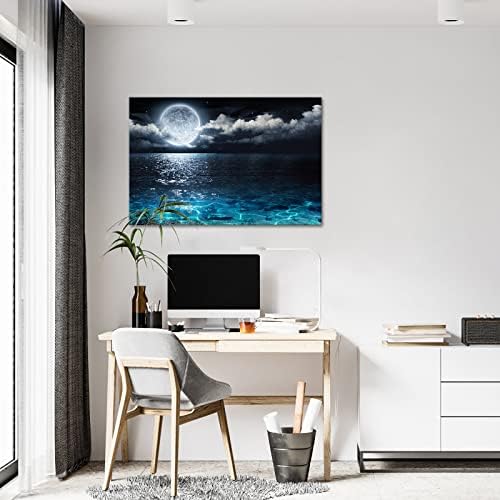מודרני בד קיר אמנות כחול ברור אוקיינוס תחת ירח מלא תמונה הדפסי בד ירח בענן נוף יצירות אמנות לבית חדר שינה קישוט