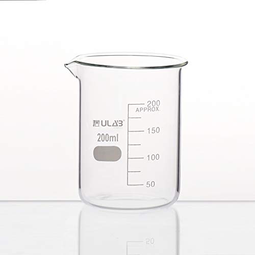 Ulab Beakers Scientific זכוכית, כרך א '. 250 מל, 3.3 בורוסיליקט גריפין צורה נמוכה עם סיום מודפס,