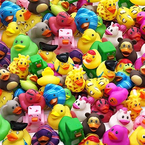 אמנות יצירתיות מגוון ברווזי גומי לילדים, חבילה של 100, צעצועי בריכת אמבטיה ברווז עם 17 עיצובים
