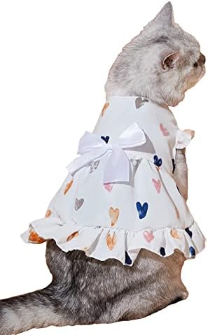Qwinee דפיסת לב חמודה שמלת חתול קשת חרטום שושלת חתלתול שמלת פרוע חצאית נסיכה לקצץ לגור כלב בינוני קטן לבן L