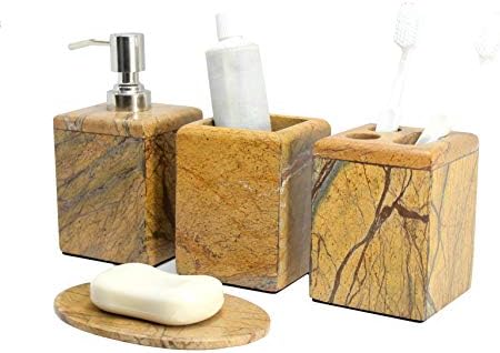 KLEO - סט אביזרי אמבטיה העשוי מאבן ירוקה טבעית - אביזרי אמבטיה של 4 כולל מתקן סבון, מחזיק מברשת