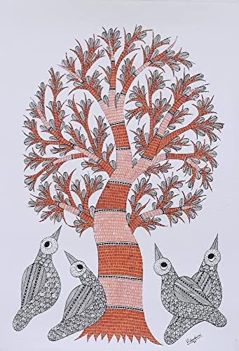 Novica Orange Animal Chauthiped Polly Art ציור ציור מהודו 'Awode of Birds'