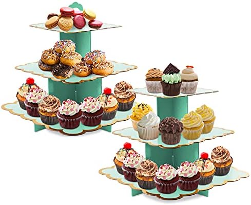 עמדת קאפקייקס, 2 סט של קרטון מרובע צלחות קינוח 3 קינוחים מיני עוגות פירות ממתקים תצוגת מגדל עוגיות