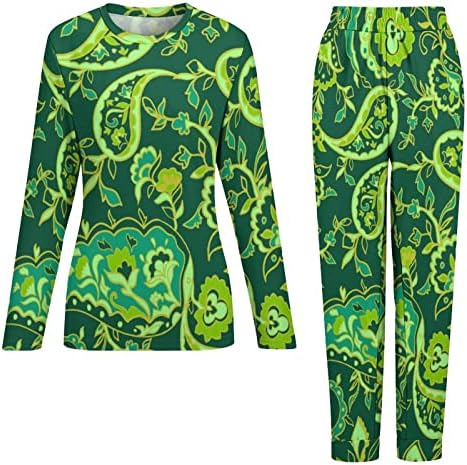 דפוס פייזלי ירוק פיג'מה נשים קבעו שני חלקים עם שרוול ארוך ומכנסיים דפוס שינה דפוס