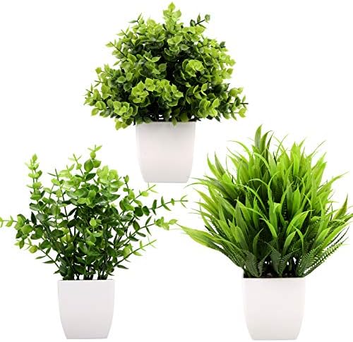 ירוק 3 חבילה מיני מזויף צמחים בעציצים, מלאכותי פלסטיק אקליפטוס צמחים, חיטה דשא בעציץ פו צמחים מקורה עבור משרד