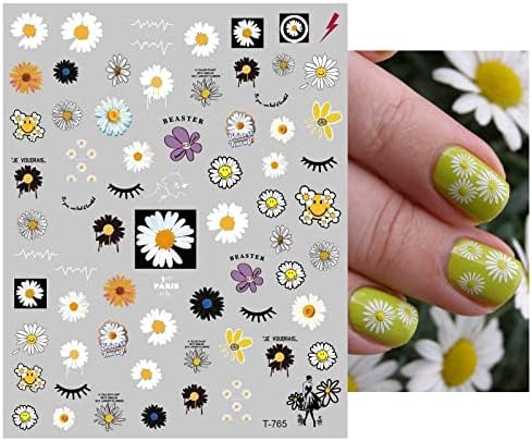8 גיליונות אביב דייזי חמניות נייל אמנות מדבקות מדבקות עצמי דבק חיוך פנים קיץ חמוד לבן צהוב פרחים פרחוני