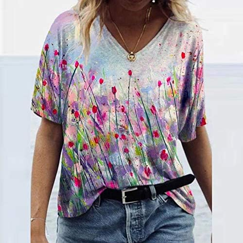 אופנה מודפס חולצה לנשים בכל רחבי צבעוני פרחוני דפוס חולצות קיץ צווארון קצר שרוול טי חולצות