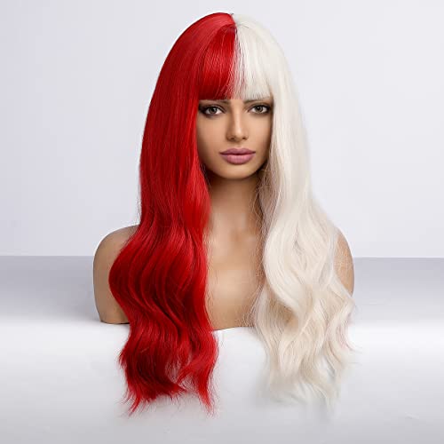 שיער אדום ולבן מתולתל פאות עם פוני, ארוך גל פאות לנשים טבעי סינטטי פאות קוספליי פאות