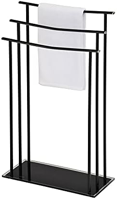 עיצוב פילאסטר מודרני חמזי משולש משולש עמדת מגבות אמבטיה עמידה, מתכת שחורה עם זכוכית מחוסמת